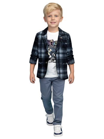 Gracecharm Boys Plaid Check Blazer Graphic Print T-Shirt Trouser Set