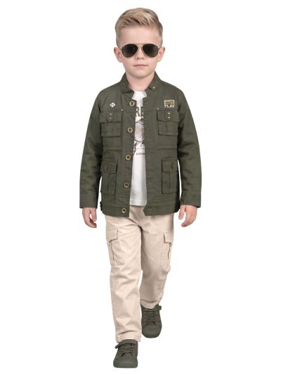 Gracecharm Boys Utility Pocket Jacket Printed T-Shirt Beige Cargo Trousers Set
