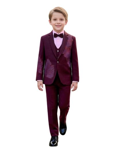 Royal Elegance Boys Ginkgo Leaf Embroidered Blazer Waistcoat Shirt Trousers Suit Set