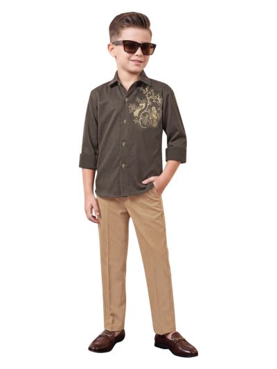 Gracecharm Boys Bird and Floral Embellished Textured Shirt and Trousers Set