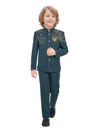 Royal Elegance Boys Gold Branch Embellished Mandarin Collar 3 Piece Suit Set
