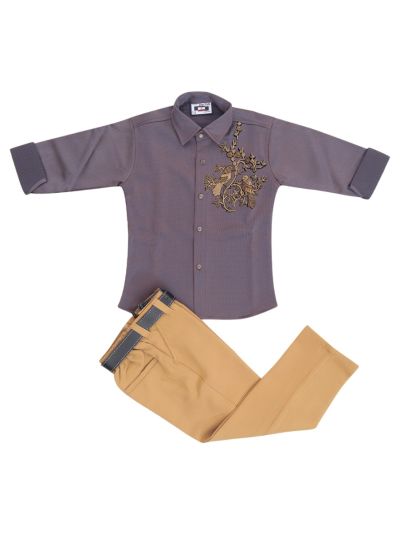 Gracecharm Boys Gold Bird Floral Embellished Shirt and Trouser 2 Piece Set