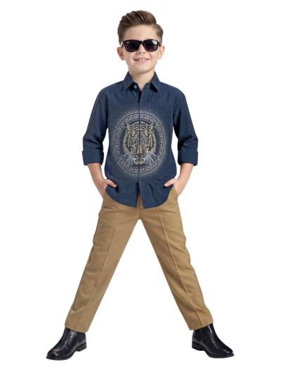 Gracecharm Boys Tiger Motif Embellished Shirt and Trouser 2 Piece Set