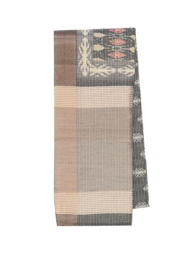 Gracecharm Semi Jute Geometric Ikat Butta with Striped Pallu Border Saree