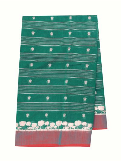 Gracecharm Kora Silk Cotton Teal Green Striped Lotus Butta Saree