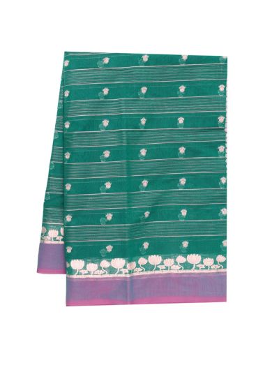 Gracecharm Kora Silk Cotton Teal Green Striped Lotus Butta Saree