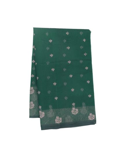 Gracecharm Kora Silk Cotton Bottle Green Floral Butta Border Saree