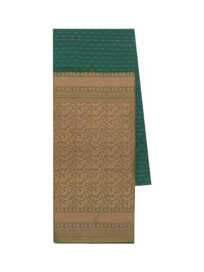 kora Silk Cotton Bottle Green Grid Butta with Diamond Lattice Pallu Saree