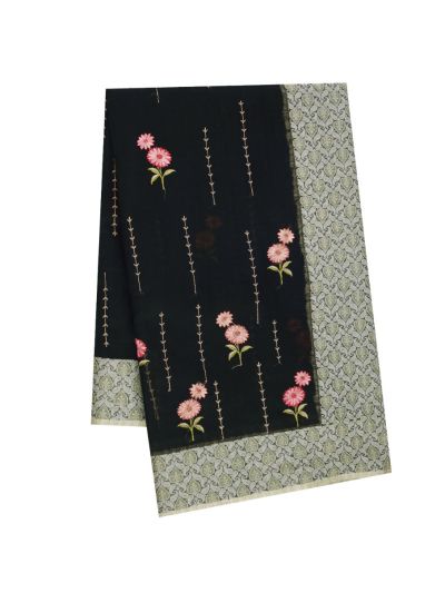 Gracecharm Elegant Manipuri Cotton Black Floral Embroidered Saree