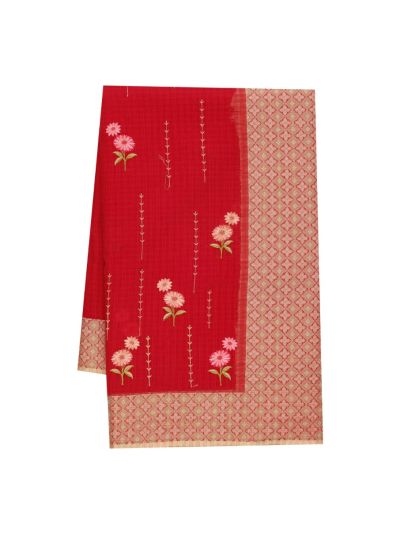Gracecharm Elegant Manipuri Cotton Red Floral Embroidered Saree