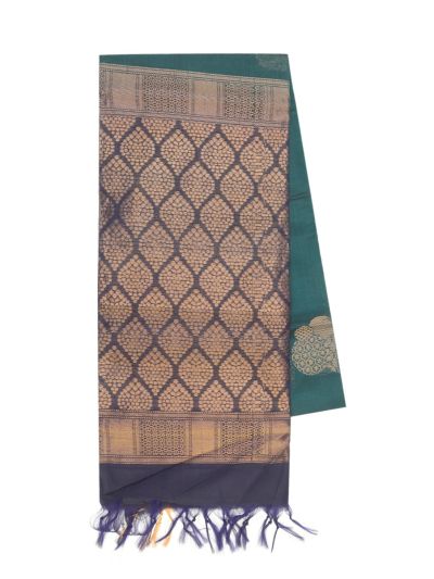 kora Silk Cotton Rama Green circular shape Butta with Diamond Lattice Pallu Saree