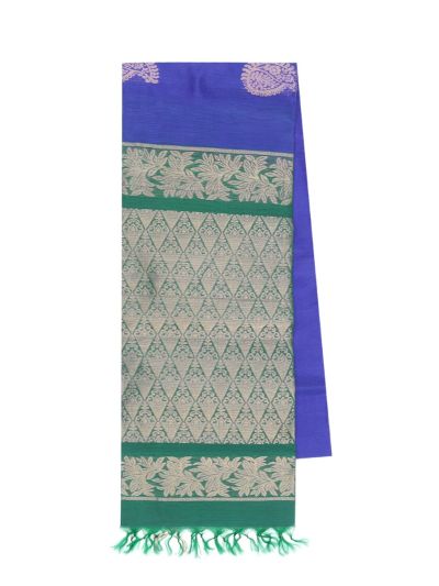 kora Silk Cotton Royal Blue paisley Butta with Diamond Lattice Pallu Saree