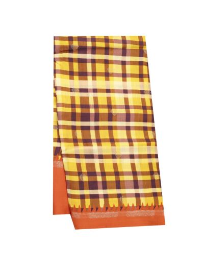Fancy Viscose Tissue Yellow Maroon Checks Orange Temple Border Saree