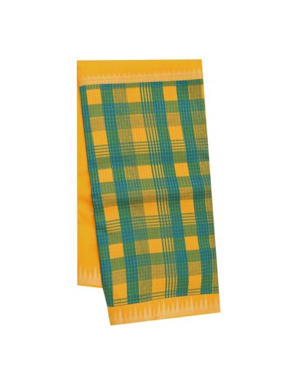 Fancy Viscose Tissue Mustard Yellow Green Checks Temple Border Saree
