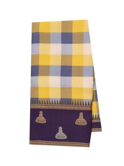 Fancy Viscose Tissue Yellow Blue Checks Purple Jhumka Border Saree