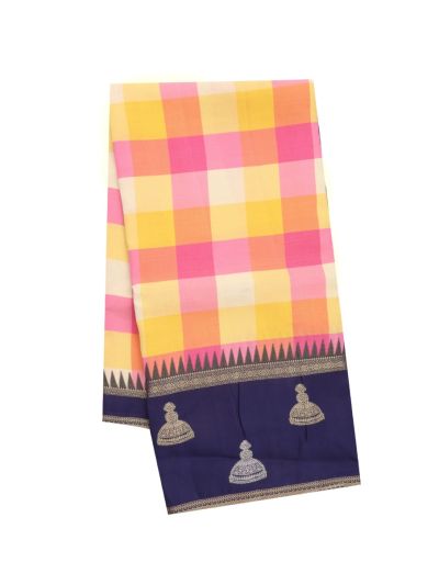 Fancy Viscose Tissue Yellow Pink Checks Navy Jhumka Border Saree