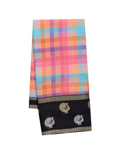 Fancy Viscose Tissue Multicolour Checks Black Peacock Border Saree