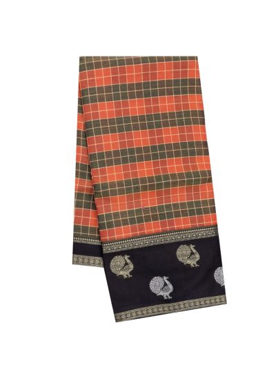 Fancy Viscose Tissue Rust Orange Checks Black Peacock Border Saree