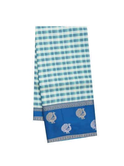 Fancy Viscose Tissue Aqua Blue Checks Royal Blue Peacock Border Saree