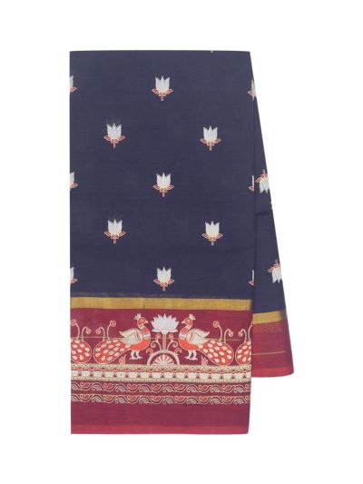 Gracecharm Elegant Dark Navy Blue Sarla Cotton Printed Design with Border Saree