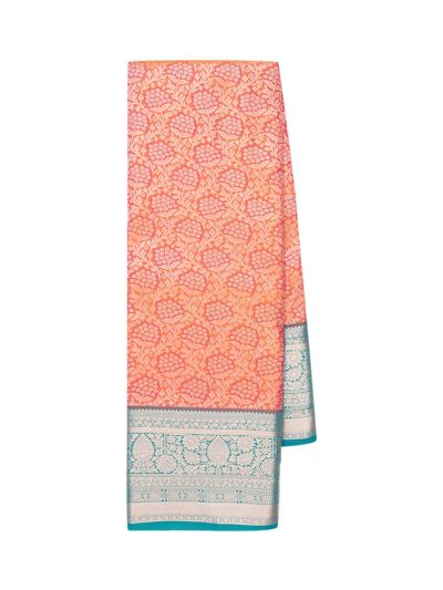 Gracecharm Gift Art Silk Coral Orange Daisy Floral Vine Jaal Butta Pallu Saree 