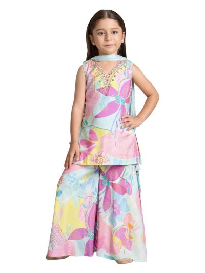 Graceful Essence Girls Multicolor Floral Palazzo Set with Dupatta