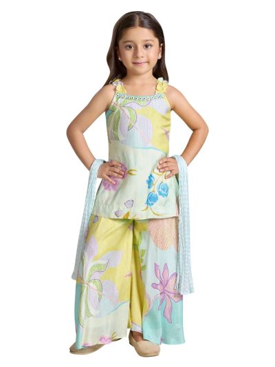 Graceful Essence Girls Pastel Floral Palazzo Set with Dupatta