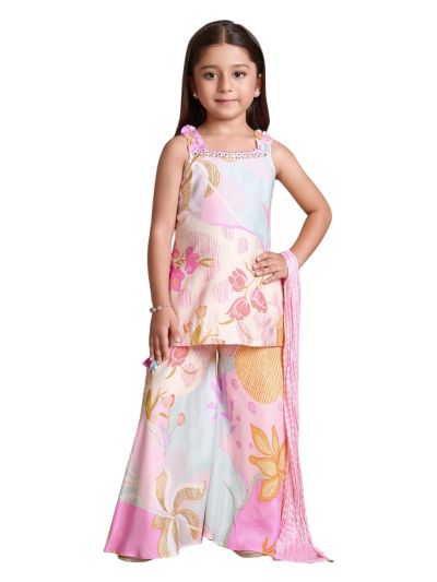 Graceful Essence Girls Pastel Floral Palazzo Set with Dupatta