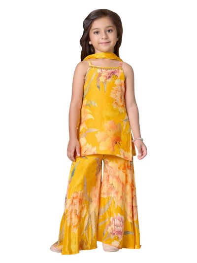 Graceful Essence Girls Marigold Floral Palazzo Set with Dupatta