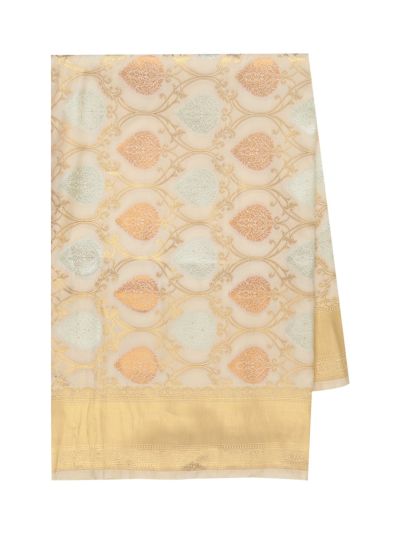 BlossomEase Semi Banarasi Floral lattice pattern with gold thread Border Saree