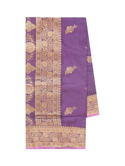 BlossomEase Semi Banarasi Muted Purple  floral motifs with antique zari Border Saree