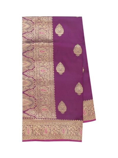 BlossomEase Semi Banarasi Wine Purple floral motifs with antique zari Border Saree