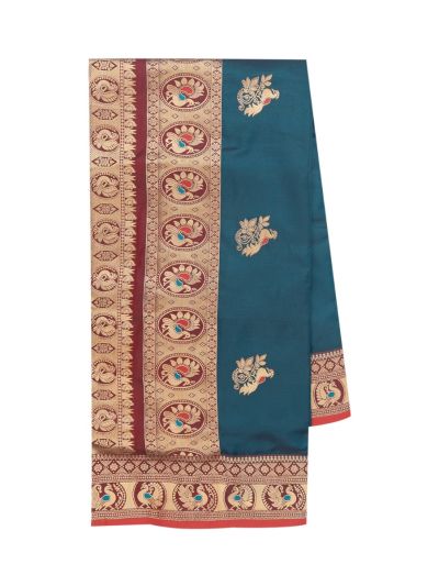 BlossomEase Semi Banarasi Peacock Blue floral motifs with antique zari Border Saree