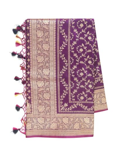 BlossomEase Semi Banarasi Purple floral motifs with antique zari Border Saree