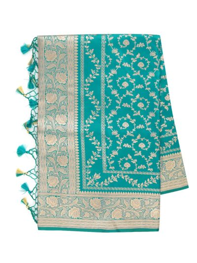 BlossomEase Semi Banarasi Turquoise floral motifs with antique zari Border Saree