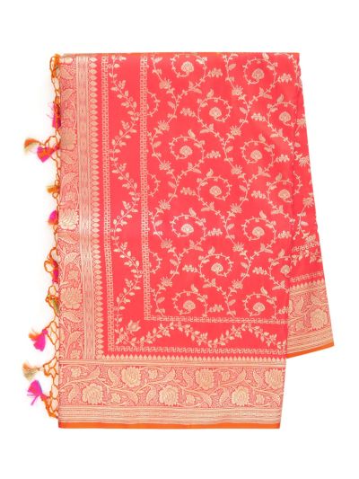 BlossomEase Semi Banarasi Scarlet Pink floral motifs with antique zari Border Saree