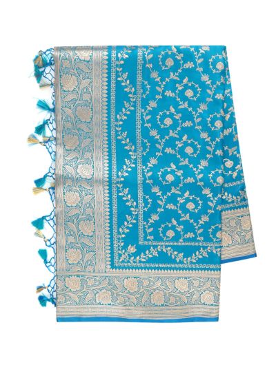 BlossomEase Semi Banarasi Cyan Blue floral motifs with antique zari Border Saree