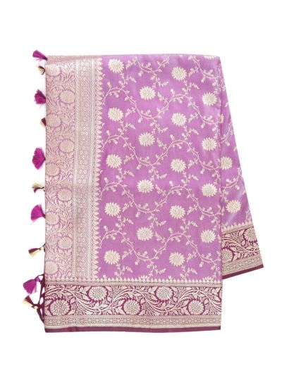 BlossomEase Semi Banarasi Orchid Purple floral motifs with antique zari Border Saree