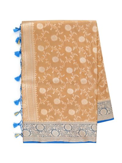 BlossomEase Semi Banarasi Camel Yellow floral motifs with antique zari Border Saree