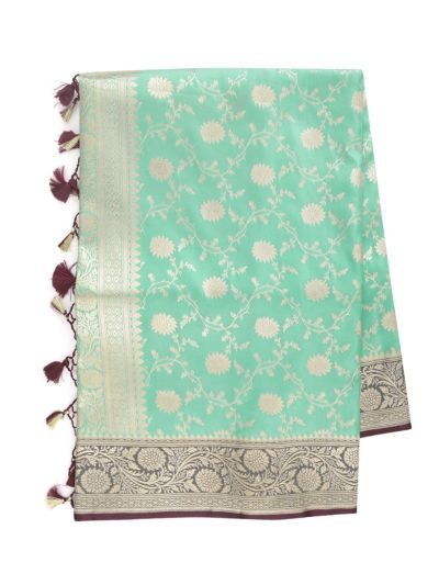 BlossomEase Semi Banarasi Mint Green floral motifs with antique zari Border Saree