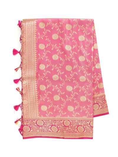 BlossomEase Semi Banarasi Gajari Pink floral motifs with antique zari Border Saree
