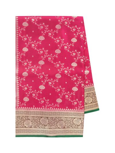 BlossomEase Semi Banarasi Fuchsia Pink floral motifs with antique zari Border Saree