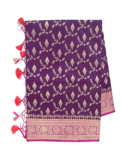 BlossomEase Semi Banarasi Purple floral motifs with antique zari Border Saree