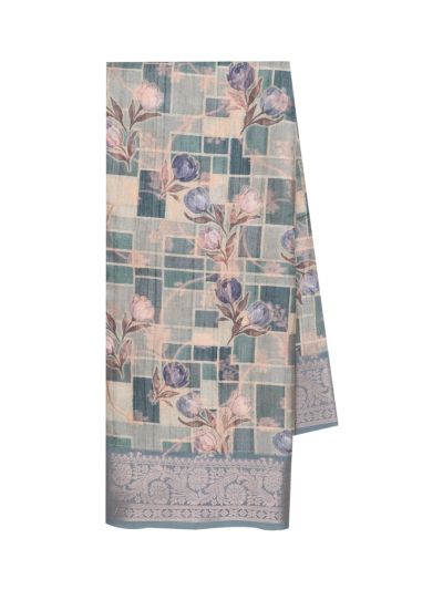 Fancy Manipuri Print Flower smooth synthetic threads Zari woven border Saree