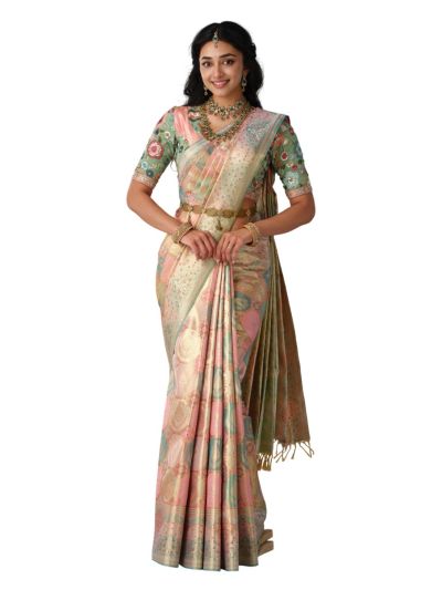 Vivaha Kanchipuram Tissue Silk Geometric Octagon Jaal Floral Border Saree
