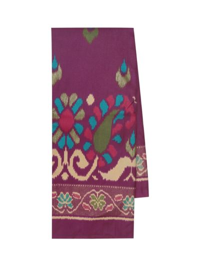 Gracecharm Deep Ruby Purple Fancy Ikat Print Silk Floral Paisley Motifs Pallu Saree