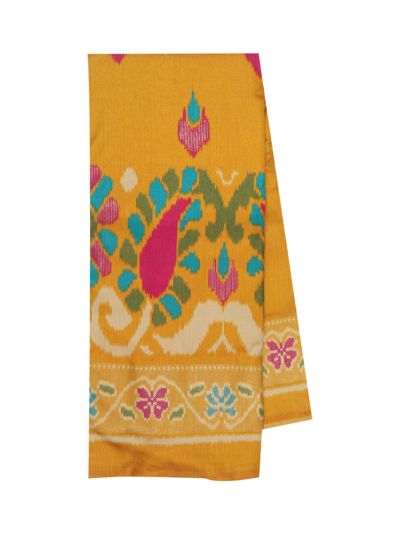 Gracecharm Golden Yellow Fancy Ikat Print Silk Floral Paisley Motifs Pallu Saree