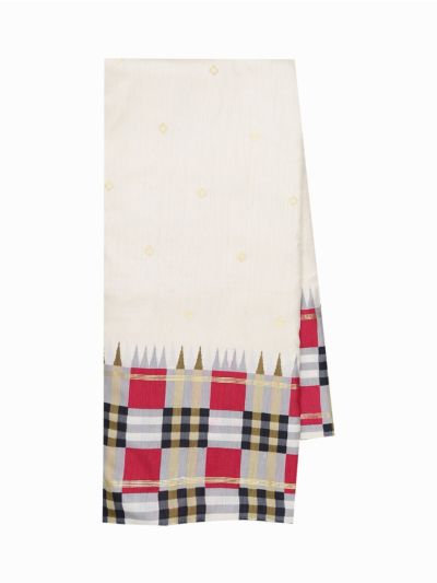 Gracecharm Off White Fancy Ikat Print Butta Madras check Border Saree