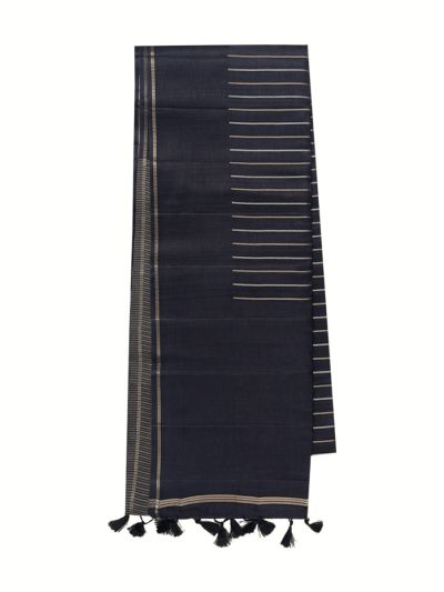 Gracecharm Semi Dupion Chain Stripe Black Design with Border Saree