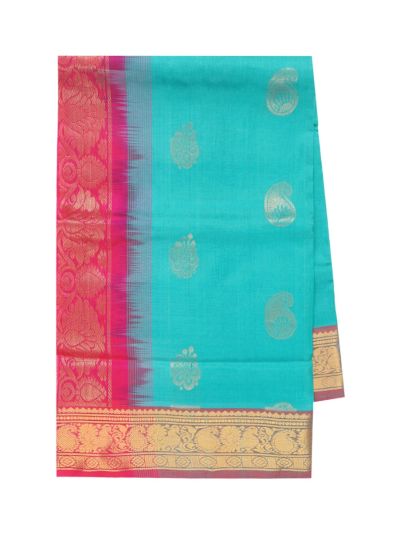 Gracecharm Elegant Kathirippu Silk Cotton Turquoise Blue Butta Design with Border Saree